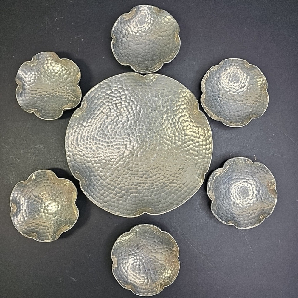 Banka Tinwerk Bowl Set Of 7 Hand Hammered 3 Footed Serving Dish Set Indonesia